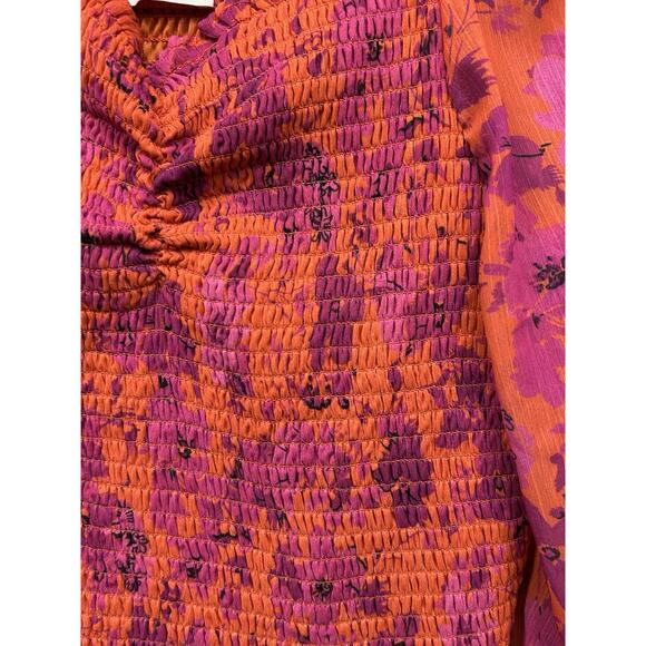 Pink Lily Blouse Womens Large Pink Smocked Floral Sheer Sleeves Ruffles Festival - Picture 5 of 9